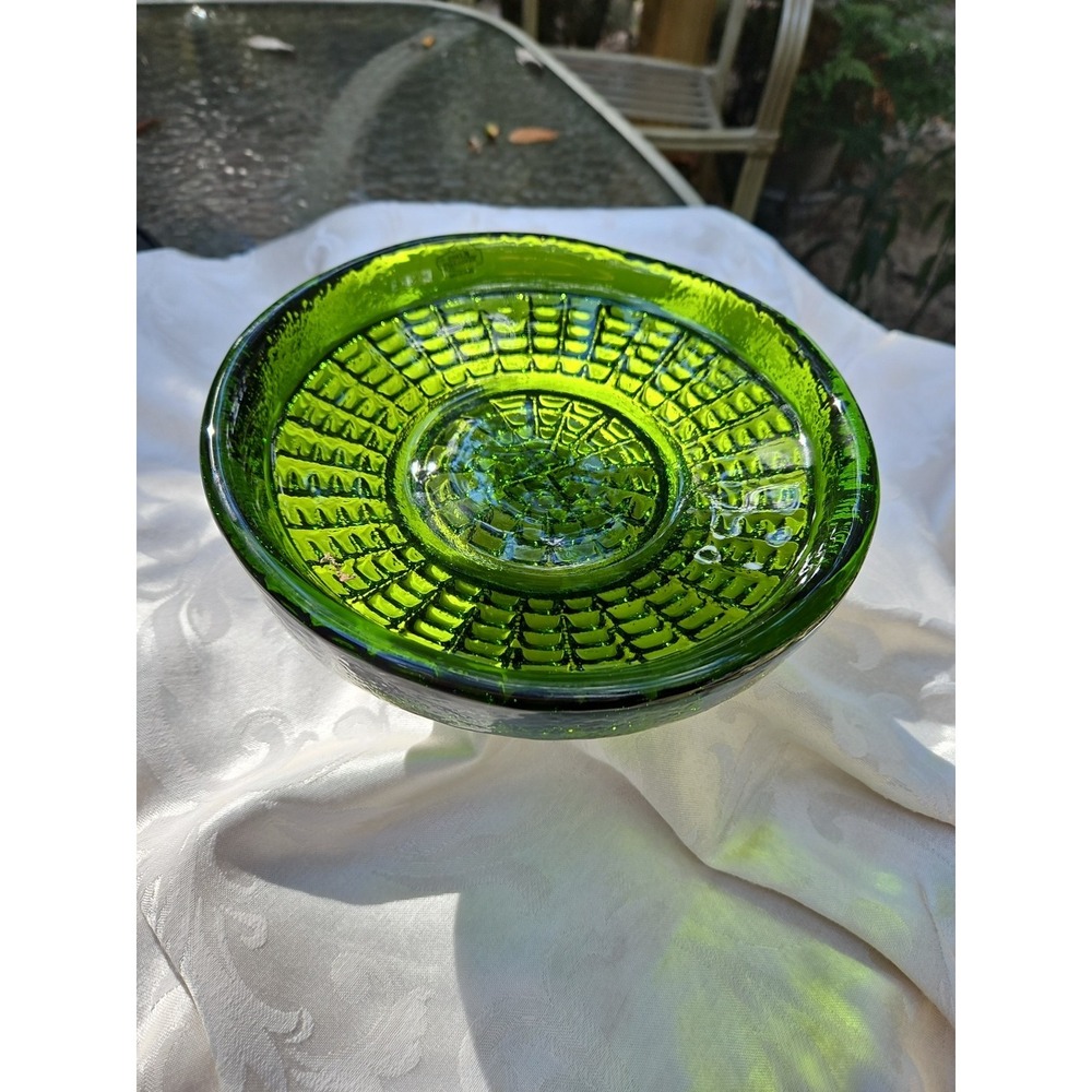 Blenko Glass Serving Bowl Ashtray Olive Green Avocado MCM w/Original Tag 9"